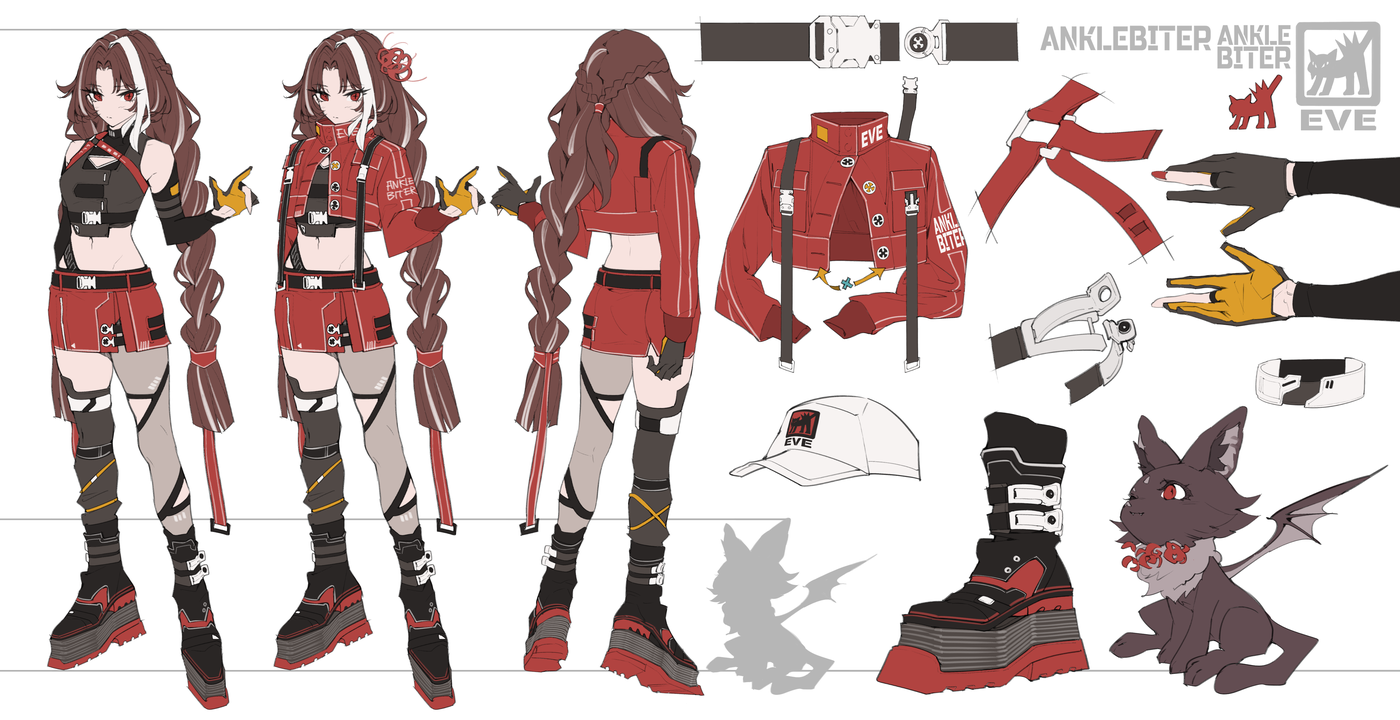 ElyzaEVE character model sheet with outfit and prop details