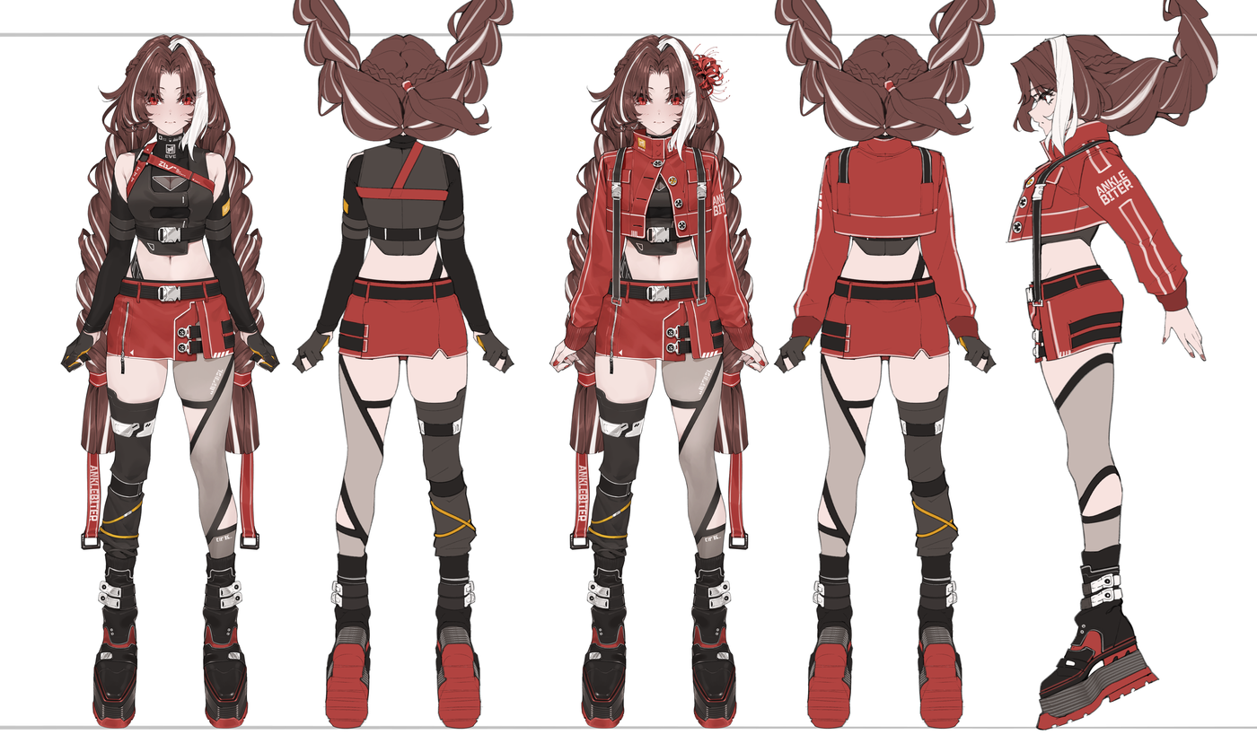ElyzaEVE three-view character turnaround